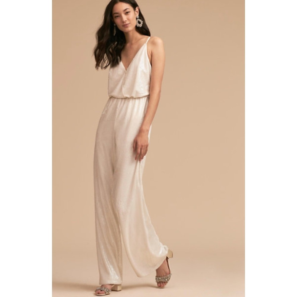 BHLDN Anthro La Lune‎ Ivory Sequin Silk Spaghetti Strap Jumpsuit Wide Leg 4 NWT